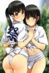  2girls absurdres ass bangs black_hair blurry blurry_background blush brown_eyes closed_mouth collarbone day depth_of_field eyebrows_visible_through_hair fundoshi hands_together highres japanese_clothes long_hair looking_at_viewer looking_back matsunaga_kouyou multiple_girls nose_blush original outdoors parted_lips ponytail shirt short_sleeves smile white_shirt 