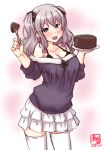  1girl alternate_costume alternate_legwear artist_logo black_bra black_ribbon blouse blue_eyes blush bra breasts cake chocolate_cake collarbone cowboy_shot dated dish food fork gradient gradient_background grey_blouse hair_ribbon highres kanon_(kurogane_knights) kantai_collection kashima_(kantai_collection) large_breasts long_sleeves looking_at_viewer medium_hair miniskirt no_hat no_headwear off_shoulder open_mouth pink_background ribbon signature silver_hair skirt smile solo thigh-highs underwear valentine wavy_hair white_background white_legwear white_skirt 