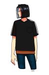  1boy alternate_costume android_17 arms_at_sides black_hair black_shirt blue_eyes breast_pocket brown_shirt denim dragon_ball dragonball_z expressionless fingernails highres jeans looking_away male_focus okada_(hoooojicha) pants pocket profile shaded_face shirt short_hair simple_background standing upper_body white_background 