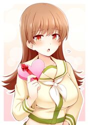  1girl blush box breasts brown_eyes brown_hair eyebrows_visible_through_hair gradient gradient_background hair_between_eyes heart heart-shaped_box kantai_collection large_breasts long_hair neckerchief ooi_(kantai_collection) open_mouth remodel_(kantai_collection) rui_shi_(rayze_ray) school_uniform serafuku valentine 