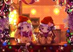  2girls 54hao :d arm_up bangs blush brown_jacket christmas christmas_lights christmas_ornaments commentary english_commentary eyebrows_visible_through_hair forehead hair_ornament hand_on_headwear hat highres indoors jacket long_hair long_sleeves multiple_girls open_mouth original parted_bangs plaid plaid_scarf purple_hair purple_scarf red_hat round_teeth santa_hat scarf siblings sisters smile snowflakes star teeth twins upper_body upper_teeth violet_eyes white_hair x_hair_ornament 