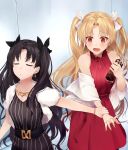  2girls black_dress black_hair black_ribbon blonde_hair blush closed_eyes commentary_request cross cross_necklace dress earrings ereshkigal_(fate/grand_order) eyebrows_visible_through_hair fate/grand_order fate_(series) hair_ribbon highres holding_hand ishtar_(fate/grand_order) jewelry koruta_(nekoimo) long_hair multiple_girls nail_polish necklace open_mouth pinstripe_dress red_dress red_eyes ribbon ring sleeveless sleeveless_dress two_side_up white_ribbon 