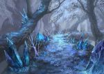  blue crystal fantasy floating fog forest grass nature no_humans original outdoors path pippi_(pixiv_1922055) road scenery snowing tree winter 