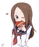  1girl ;q bangs black_sailor_collar blush box brown_eyes brown_hair closed_mouth commentary_request eyebrows_visible_through_hair forehead gift gift_box head_tilt heart heart-shaped_box highres holding holding_gift karakai_jouzu_no_takagi-san kujou_karasuma long_hair long_sleeves neckerchief one_eye_closed parted_bangs red_neckwear sailor_collar shirt signature simple_background smile solo takagi-san tongue tongue_out upper_body white_background white_shirt 