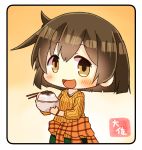  1girl :d adapted_costume artist_name blush brown_eyes brown_hair chopsticks commentary_request food hair_between_eyes highres hiryuu_(kantai_collection) holding holding_chopsticks jewelry kantai_collection long_sleeves necklace open_mouth orange_shirt shirt short_hair smile solo taisa_(kari) 