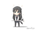  1girl animal_ears asashio_(kantai_collection) black_hair black_legwear chibi closed_umbrella commentary_request disconnected_mouth dog_ears dog_tail dress full_body goma_(yoku_yatta_hou_jane) kantai_collection kemonomimi_mode long_hair long_sleeves neck_ribbon pinafore_dress red_ribbon remodel_(kantai_collection) ribbon simple_background smile solo standing tail tail_wagging thigh-highs twitter_username umbrella white_background white_umbrella 