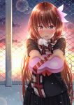  1girl alternate_costume black_jacket black_skirt blazer blush breath brown_hair chain-link_fence chocolate chocolate_heart clouds cloudy_sky confession eyebrows_visible_through_hair fence gift hair_between_eyes hair_ornament heart highres jacket kantai_collection kisaragi_(kantai_collection) lips long_hair long_sleeves looking_at_viewer open_mouth outdoors pink_scarf pleated_skirt red_neckwear ribbon scarf school_uniform serafuku skirt sky sunlight sunset takamichis211 valentine violet_eyes winter 