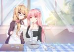  2girls ahoge apron blonde_hair chocolate chocolate_on_face cooking food food_on_face grey_eyes long_hair mixing_bowl mo_(pixiv9929995) multiple_girls original pink_eyes pink_hair smile valentine whisk yuri 