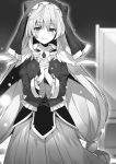  1girl eris_(konosuba) eyebrows_visible_through_hair facial_scar frilled_sleeves frills greyscale hair_between_eyes hair_ornament hands_clasped highres hood interlocked_fingers kono_subarashii_sekai_ni_shukufuku_wo! long_hair long_skirt long_sleeves looking_at_viewer mishima_kurone monochrome novel_illustration official_art own_hands_together pleated_skirt scar scar_on_cheek skirt smile solo twintails very_long_hair 