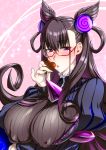  1girl breasts brown_hair ebido fate_(series) glasses hair_ornament highres long_hair looking_at_viewer multiple_girls murasaki_shikibu_(fate) solo valentine violet_eyes 