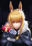  1girl animal_ear_fluff animal_ears bangs blonde_hair bobomaster box cloak eyebrows_visible_through_hair fur_trim heart-shaped_box holding long_hair looking_at_viewer pixiv_fantasia_last_saga rabbit_ears smile solo upper_body yellow_eyes 