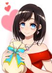  1girl bag bangs bare_shoulders black_hair blue_bow blue_eyes blush bow collarbone commentary_request earrings eyebrows_visible_through_hair heart heart_earrings heart_pendant highres holding holding_bag jewelry looking_at_viewer mole mole_on_neck off-shoulder_shirt off_shoulder original pendant red_shirt shirt short_hair simple_background smile solo tajima_yuuki upper_body white_background 