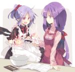  2girls alternate_hairstyle apron bat_wings book bow bowl card cat chocolate clenched_hands comic commentary_request dress eyebrows_visible_through_hair fangs hair_ornament hair_scrunchie holding holding_card lavender_hair long_hair long_sleeves multiple_girls open_mouth patchouli_knowledge pointy_ears ponytail purple_hair red_eyes remilia_scarlet satou_kibi scrunchie short_hair short_sleeves sleeves_past_wrists slit_pupils smile standing sweater touhou translation_request violet_eyes wings wrist_cuffs 