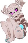  1girl bare_legs barefoot black_shorts blue_nails closed_mouth domino_mask fingernails furrowed_eyebrows hand_on_own_thigh highres inkling jtveemo legs long_sleeves looking_at_viewer mask nail_polish pink_eyes pointy_ears shirt short_hair shorts simple_background sitting smile solo splatoon splatoon_(manga) splatoon_(series) striped striped_shirt tentacle_hair thighs toenail_polish toenails twintails white_background 