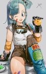 1girl ;d arm_rest artist_request bandage belt black_gloves black_ribbon blue_eyes blue_hair bulma denim dragon_ball dragon_ball_(classic) dragon_ball_(object) eyebrows_visible_through_hair gloves goggles goggles_around_neck grey_background grin hair_ribbon hand_up head_tilt holding jeans leg_up long_hair looking_away one_eye_closed open_mouth pants ponytail radar reeya ribbon shirt shounen_jump side_ponytail signature simple_background sitting sleeves_rolled_up smile solo sparkle thighs torn_clothes torn_jeans torn_pants upper_body white_shirt 