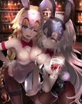 2girls absurdres animal_ears armband black_leotard blonde_hair blue_eyes bow bowtie braid breasts brown_legwear bunny_girl bunny_tail bunnysuit cleavage cowboy_shot cup detached_collar detached_cuffs drinking_glass fate/apocrypha fate/grand_order fate_(series) fishnet_pantyhose fishnets headpiece highres huge_filesize jeanne_d&#039;arc_(alter)_(fate) jeanne_d&#039;arc_(fate) jeanne_d&#039;arc_(fate)_(all) large_breasts leaning_forward leotard long_braid multiple_girls nakasaku-p no_bra no_panties pantyhose rabbit_ears red_armband red_neckwear silver_hair single_braid strapless strapless_leotard tail white_leotard wine_glass wrist_cuffs yellow_eyes