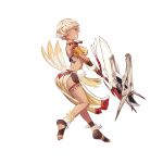  1girl animal_skull armlet ass axe bare_shoulders batbayar breasts feathers full_body hair_ornament hitsuji_chronicle holding holding_axe medium_breasts midriff official_art one_eye_closed parted_lips pouch red_eyes short_hair solo standing 