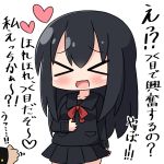  &gt;_&lt; 1boy 1girl :3 :d bangs black_hair black_sailor_collar black_serafuku black_skirt blush bow chibi closed_eyes collarbone commentary_request eyebrows_visible_through_hair facing_viewer hair_between_eyes hana_kazari hand_on_own_stomach heart long_hair long_sleeves open_mouth original out_of_frame pleated_skirt red_bow sailor_collar school_uniform serafuku simple_background skirt smile solo_focus translation_request very_long_hair white_background 