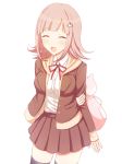  1girl :d animal_ears azami194 backpack bag black_legwear blush breasts brown_jacket brown_skirt cat_bag commentary_request dangan_ronpa dangan_ronpa_3 dot_nose flipped_hair hair_ornament hairclip jacket large_breasts light_brown_hair long_sleeves nanami_chiaki open_clothes open_jacket open_mouth pink_bag red_neckwear red_ribbon ribbon school_uniform shirt short_hair simple_background skirt smile solo thigh-highs white_background white_shirt 