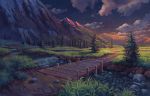  bridge clouds cloudy_sky grass highres mountain mountainous_horizon night night_sky no_humans original outdoors path pippi_(pixiv_1922055) plant river road rock scenery sky star_(sky) starry_sky tree water 