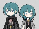  1boy 1girl armor ayawo blue_eyes blue_hair byleth cape chibi dual_persona fire_emblem fire_emblem:_three_houses gloves long_hair looking_at_viewer navel nintendo short_hair simple_background smile uniform 