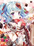  1girl alternate_hairstyle artist_name bang_dream! bangs blue_hair blush box brown_legwear chocolate chromatic_aberration dress frilled_sleeves frills gift gift_box hair_ornament hair_ribbon heart heart-shaped_box heart_hair_ornament holding holding_gift jewelry light_blue_hair looking_at_viewer matsubara_kanon necklace nyaong9 over-kneehighs pearl_necklace red_ribbon ribbon see-through_sleeves short_sleeves sidelocks smile solo sparkle striped striped_legwear striped_ribbon thigh-highs twintails valentine vertical-striped_legwear vertical_stripes violet_eyes wrist_cuffs wrist_ribbon 