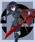  1girl absurdres belt black_hair blue_hair boots cape cosplay eyebrows_visible_through_hair fingerless_gloves fire_emblem fire_emblem:_kakusei gloves grey_background highlights highres holding holding_sword holding_weapon kibble3 kill_la_kill logo looking_at_viewer lucina lucina_(cosplay) matoi_ryuuko multicolored_hair nintendo redhead scabbard scissor_blade sheath short_hair signature solo streaked_hair super_smash_bros. sword thigh-highs thigh_boots two-tone_hair weapon 