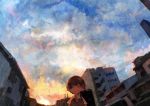  1boy 666haorare666 brown_hair building closed_eyes clouds cloudy_sky collared_shirt commentary_request male_focus original outdoors shirt short_hair short_sleeves sky smile solo summer twilight 
