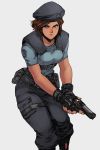 1girl absurdres belt belt_pouch beret black_gloves blue_eyes brown_hair david_liu eyebrows_visible_through_hair feet_out_of_frame fingerless_gloves gloves gun handgun hat highres holding holding_gun holding_weapon jill_valentine looking_at_viewer military_hat pistol pocket police police_uniform policewoman pouch resident_evil short_hair short_sleeves shoulder_pads simple_background solo standing uniform weapon white_background 