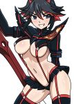  1girl black_hair blue_eyes breasts contrapposto cowboy_shot eyebrows_visible_through_hair grin hair_between_eyes highlights kill_la_kill living_clothes looking_at_viewer matoi_ryuuko medium_breasts microskirt multicolored_hair navel partially_colored redhead revealing_clothes scissor_blade short_hair simple_background sketch skirt smile solo streaked_hair suspenders sword two-tone_hair under_boob user_veme5747 weapon white_background 