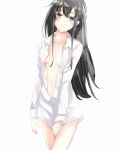  1girl black_eyes black_hair breasts cleavage collarbone cowboy_shot dress_shirt hair_ribbon highres ka1se1 long_hair looking_at_viewer naked_shirt navel open_clothes open_shirt red_ribbon ribbon shirt simple_background small_breasts solo standing very_long_hair white_background white_shirt yahari_ore_no_seishun_lovecome_wa_machigatteiru. yukinoshita_yukino 