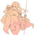  1girl arm_up ass_visible_through_thighs belt bikini breasts cowboy_shot female_my_unit_(fire_emblem:_kakusei) fire_emblem fire_emblem:_kakusei gloves jacket_on_shoulders large_breasts long_hair looking_away maiqtells monochrome my_unit_(fire_emblem:_kakusei) navel nintendo o-ring o-ring_bikini o-ring_top octopus polearm side-tie_bikini simple_background sketch smile solo swimsuit thigh_gap thigh_strap twintails weapon white_background 