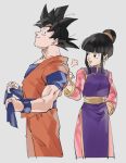 1boy 1girl :d =3 adjusting_clothes arm_at_side bangs black_eyes black_hair chi-chi_(dragon_ball) chinese_clothes clenched_hand couple dougi dragon_ball dragonball_z eyelashes grey_background hand_on_another&#039;s_back hand_on_hip happy height_difference hetero highres hpoono_(0159) long_sleeves looking_at_another open_mouth profile simple_background smile son_gokuu spiky_hair standing tied_hair upper_body wristband 