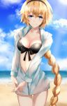  1girl beach black_bikini_top black_bow blonde_hair blue_eyes blue_sky blurry blurry_background blush bow braid braided_ponytail breasts cleavage clouds collarbone cowboy_shot eyebrows_visible_through_hair fate/grand_order fate_(series) hair_between_eyes hair_bow hands_together highres hood hood_down hooded_jacket interlocked_fingers jacket jeanne_d&#039;arc_(fate)_(all) jeanne_d&#039;arc_(swimsuit_archer) ka1se1 lens_flare long_hair looking_at_viewer medium_breasts ocean open_clothes open_jacket single_braid sky smile solo standing thigh_gap very_long_hair white_jacket 