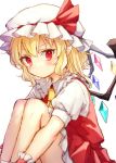  1girl ascot bangs bare_legs blonde_hair blush commentary_request crystal eyebrows_visible_through_hair feet_out_of_frame flandre_scarlet frilled_shirt_collar frills hat hat_ribbon honotai knees_up looking_at_viewer mob_cap one_side_up petticoat pointy_ears red_eyes red_ribbon red_skirt red_vest ribbon short_hair simple_background sitting skirt skirt_set socks solo thighs touhou vest white_background white_hat white_legwear wings wrist_cuffs yellow_neckwear 