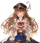  1girl bare_shoulders chocolate closed_eyes feathers granblue_fantasy hat lecia_(granblue_fantasy) minaba_hideo official_art open_mouth orange_hair pleated_skirt skirt wide_sleeves 