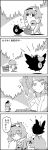  4koma ? animal animal_on_head basket bird bird_on_head bow breasts bucket carrying comic commentary_request eyeball giving greyscale hair_bobbles hair_bow hair_ornament hairband heart highres holding_heart in_mouth japanese_clothes kimono kisume komeiji_satori long_sleeves monochrome on_head reiuji_utsuho reiuji_utsuho_(bird) short_hair smile tani_takeshi third_eye touhou translation_request twintails yukkuri_shiteitte_ne 