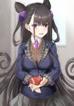  1girl bangs blazer blue_jacket blurry blurry_background box brown_hair collared_shirt commentary_request depth_of_field eyebrows_visible_through_hair fate/grand_order fate_(series) fingernails gift gift_box grey_skirt hair_between_eyes holding holding_gift jacket long_hair long_sleeves looking_at_viewer murasaki_shikibu_(fate) necktie open_mouth pink_neckwear pleated_skirt shirt skirt sleeves_past_wrists solo sweater_vest tears trembling twitter_username tyone upper_teeth very_long_hair violet_eyes white_shirt window 