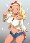 1girl amamiya_erena artist_name bare_shoulders blonde_hair blue_shorts blush bracelet braid breasts choker closed_mouth collarbone commentary_request dark_skin denim denim_shorts earrings gift grey_background hairband heart jewelry joy_ride large_breasts lips looking_at_viewer midriff mole mole_under_eye navel navel_piercing piercing precure purple_choker red_hairband short_hair shorts smile solo standing star star_earrings star_twinkle_precure twin_braids unbuttoned valentine violet_eyes 