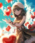  1girl balloon blue_eyes blue_sky blush bow breasts brown_dress brown_hair clouds dress earrings hairband hands_up heart heart_balloon heart_earrings heart_necklace idolmaster idolmaster_cinderella_girls idolmaster_cinderella_girls_starlight_stage jewelry looking_at_viewer medium_breasts open_mouth outdoors ribbon sakuma_mayu short_hair silence_girl sky smile solo turtleneck wrist_ribbon 