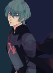 1boy alisha_(heirror) armor blue_eyes blue_hair byleth cape cravat fire_emblem fire_emblem:_three_houses gloves grey_background jacket looking_at_viewer male_focus nintendo short_hair simple_background solo 
