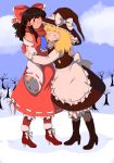  2girls absurdres ankle_boots bangs bare_shoulders bare_tree black_footwear black_hair blonde_hair bloomers blue_neckwear blush body_blush boot_bow boots bow breasts checkered checkered_legwear closed_eyes clouds daitoko detached_sleeves eyebrows_visible_through_hair fingernails full_body fur-trimmed_boots fur_trim hair_bow hair_ribbon hair_tubes hakurei_reimu hat hat_bow hat_ribbon height_difference high_heel_boots high_heels highres kirisame_marisa large_bow long_hair long_skirt long_sleeves looking_at_another medium_breasts medium_hair messy_hair multiple_girls one_eye_closed outdoors pantyhose pinstripe_legwear red_eyes red_footwear ribbon ribbon-trimmed_sleeves ribbon_trim scarf skirt skirt_set smile snow thick_eyebrows touhou tree underwear vest wavy_hair wide_sleeves witch_hat yuri 