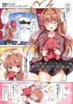  &gt;_&lt; 1boy 1girl admiral_(kantai_collection) ahoge bangs black_dress blush brown_eyes brown_hair closed_eyes closed_mouth comic commentary_request dress epaulettes eyebrows_visible_through_hair fang gift hat highres holding huge_ahoge jacket kantai_collection kuma_(kantai_collection) long_hair looking_at_viewer masayo_(gin_no_ame) military military_hat military_uniform monochrome musical_note naval_uniform open_mouth peaked_cap polka_dot polka_dot_dress smile speech_bubble standing stuffed_animal stuffed_toy teddy_bear translation_request uniform valentine 
