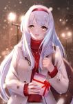  1girl :d absurdres alternate_costume belt blush box brown_eyes casual coat eyebrows_visible_through_hair gift gift_box hairband highres holding holding_gift kantai_collection long_hair long_sleeves looking_at_viewer night open_mouth outdoors red_hairband red_ribbon red_sweater ribbon sakurahuji-iro shoukaku_(kantai_collection) smile snow solo sweater turtleneck turtleneck_sweater upper_body valentine white_coat white_hair winter 