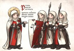  4girls armor armored_boots balance_scale_print belt black_dress boots brown_belt brown_boots brown_eyes cape chainmail closed_mouth commentary dress english_commentary gloves halo halo_behind_head hauberk highres holding holding_polearm holding_shield holding_sword holding_weapon ironlily long_sleeves medieval multiple_girls nun ordo_mediare_sisters_(ironlily) polearm scabbard sheath shield simple_background spear standing surcoat sword two-handed unworn_gloves veil weapon white_background white_cape white_veil wimple 
