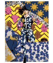  1boy 1other afro araki_hirohiko_(style) belt blue_coat blue_hair blue_pants blue_shirt cane coat doggy_style_(stand) doobie_wah! green_belt hat highres holding holding_cane i_am_a_rock_(stand) jojo_no_kimyou_na_bouken jojolion military_hat musical_note paisley_park_(stand) pants parody pink_sleeves pointing pointing_at_viewer scarf shirt stand_(jojo) stone_mask_(jojo) stuffed_animal stuffed_toy sun_symbol teddy_bear tooru_(jojolion) vitamin_c_(stand) wond3rofyou wonder_of_u yellow_lips yellow_scarf 
