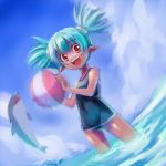  beachball blue_hair edobox one-piece_swimsuit original pointy_ears red_eyes school_swimsuit swimsuit twintails water 