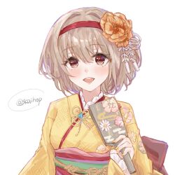  1girl bad_source breasts brown_eyes brown_hair flower hair_flower hair_ornament hairband heaven_burns_red highres japanese_clothes kimono official_alternate_costume ooshima_muua short_hair skaihop solo yukata 