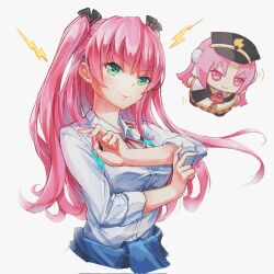  1girl aikawa_megumi breasts character_doll clothes_around_waist green_eyes hat heaven_burns_red highres jacket lightning_bolt_symbol long_hair pink_hair ribbon sail_678 shirt solo twintails two_side_up white_shirt 