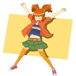  \o/ arms_up closed_eyes happy idolmaster midriff miniskirt navel orange_hair outstretched_arms shirt skirt solo stretch striped striped_legwear striped_thighhighs takatsuki_yayoi thigh-highs thighhighs twintails 